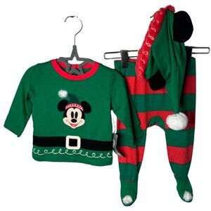 Disney Baby Christmas Matching Set Mickey Mouse Elf Hat, Pants, & Shirt 3-6M NWT